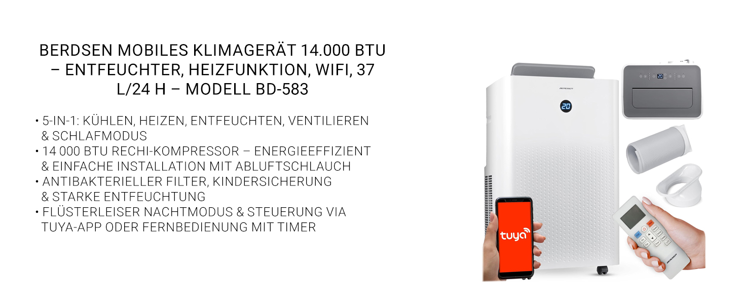Мобільний кондиціонер Berdsen 5-в-1 10000 BTU: охолодження, осушення, вентиляція, авто- та нічний режими, керування Tuya Smart App, енергоефективний