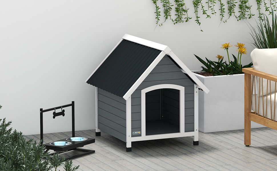 Будка для собак PawHut з дерева, сірого кольору, для середніх собак, 75 x 88 x 82 см, знятний піддон, захист від корозії, зовнішнє використання
