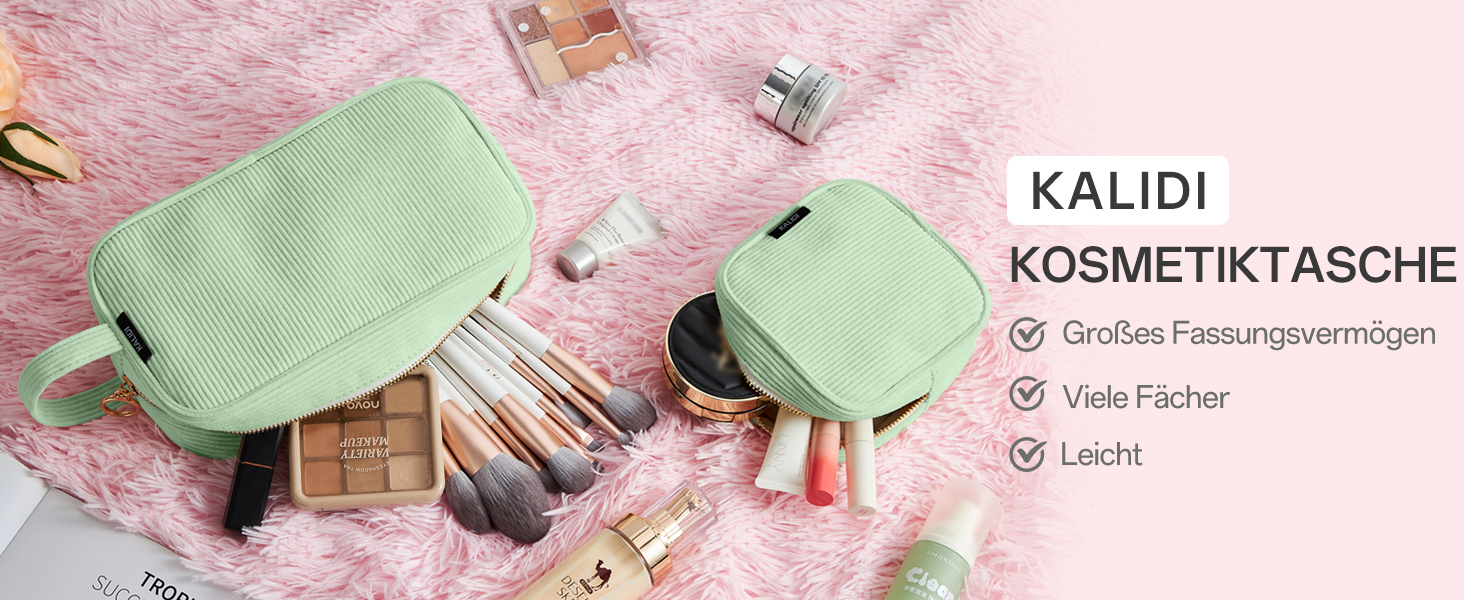 Косметичка жіноча KALIDI з корду, зелена, з відділеннями, на блискавці, для подорожей
