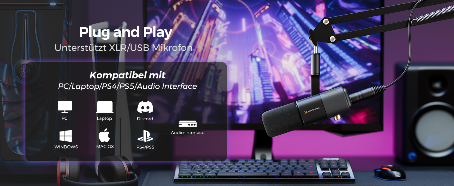 Конденсаторний мікрофон NearStream AM25X USB/XLR зі штативом, комплект для подкастингу, кнопка Mute, шумозаглушення та моніторинг для стрімінгу, студії та PC/PS5/PS4 геймінгу