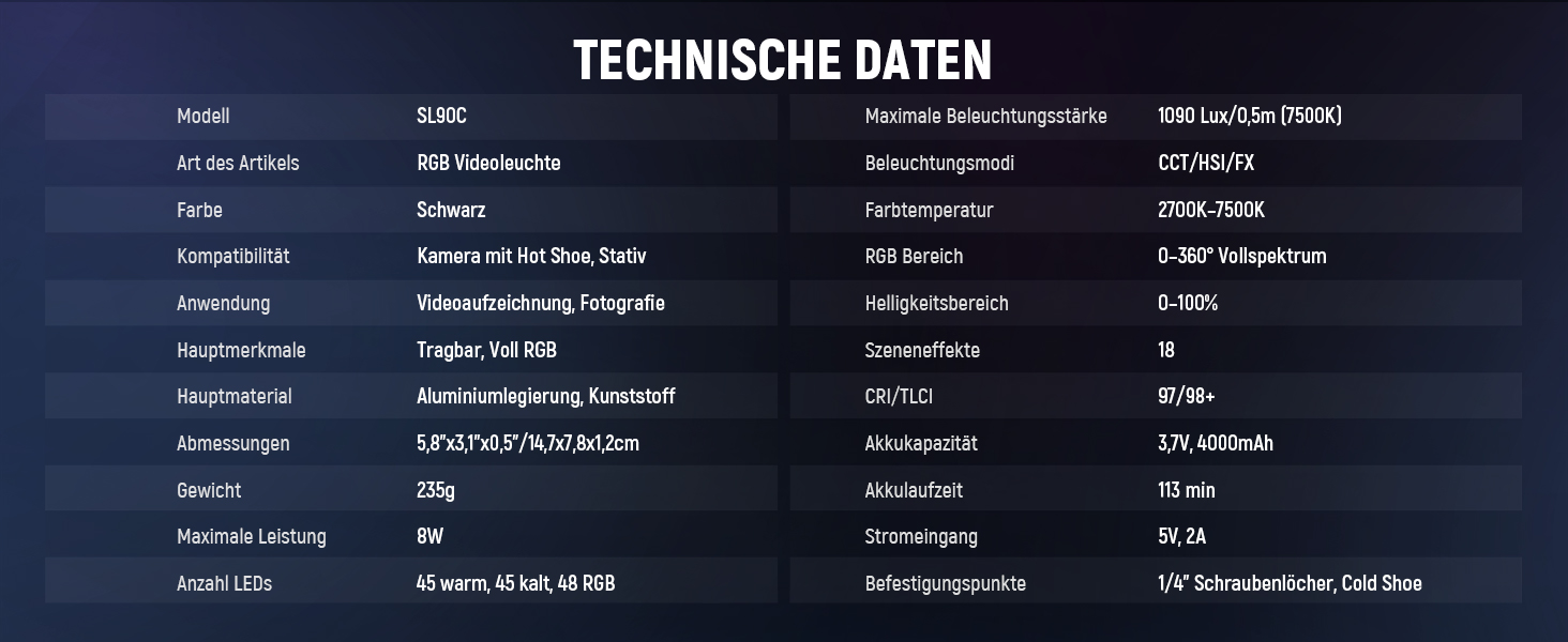 NEEWER SL90C RGB LED панель для відеозйомки, 8W, 2700K–7500K, портативна, з регулюванням кольору, CRI 97, 4000mAh, металева, для DSLR, стримінгу, SL90C