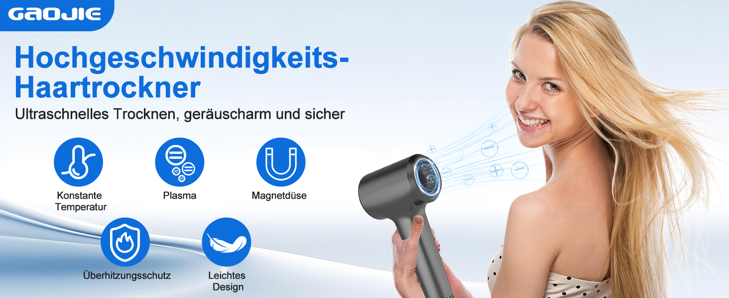 Фен для волосся з плазмою та безщітковим мотором 110 000 об/хв – швидке сушіння, тиха робота, з магнітною насадкою, для дому та подорожей (темно-сірий)