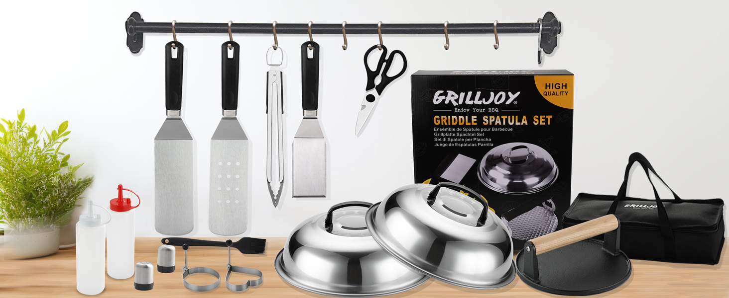 Набір аксесуарів для гриля Grilljoy Plancha: 28 предметів для Blackstone, Teppanyaki, та вогняних плит. Включає прес для смаш-бургерів, шпатель та інші необхідні інструменти.