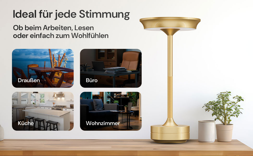 LED-лампа настільна бездротова з акумулятором та USB-C - 3 кольори світла, регулювання яскравості - для дому та на вулицю (Золота)