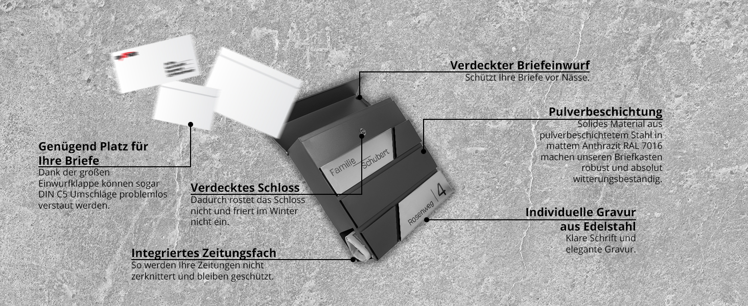 Поштовий ящик Grafner Premium персоналізований RAL 7016 з газетницею та 2 ключами, антрацитовий, з гравіюванням (ім'я, вулиця, номер будинку), комплект для монтажу