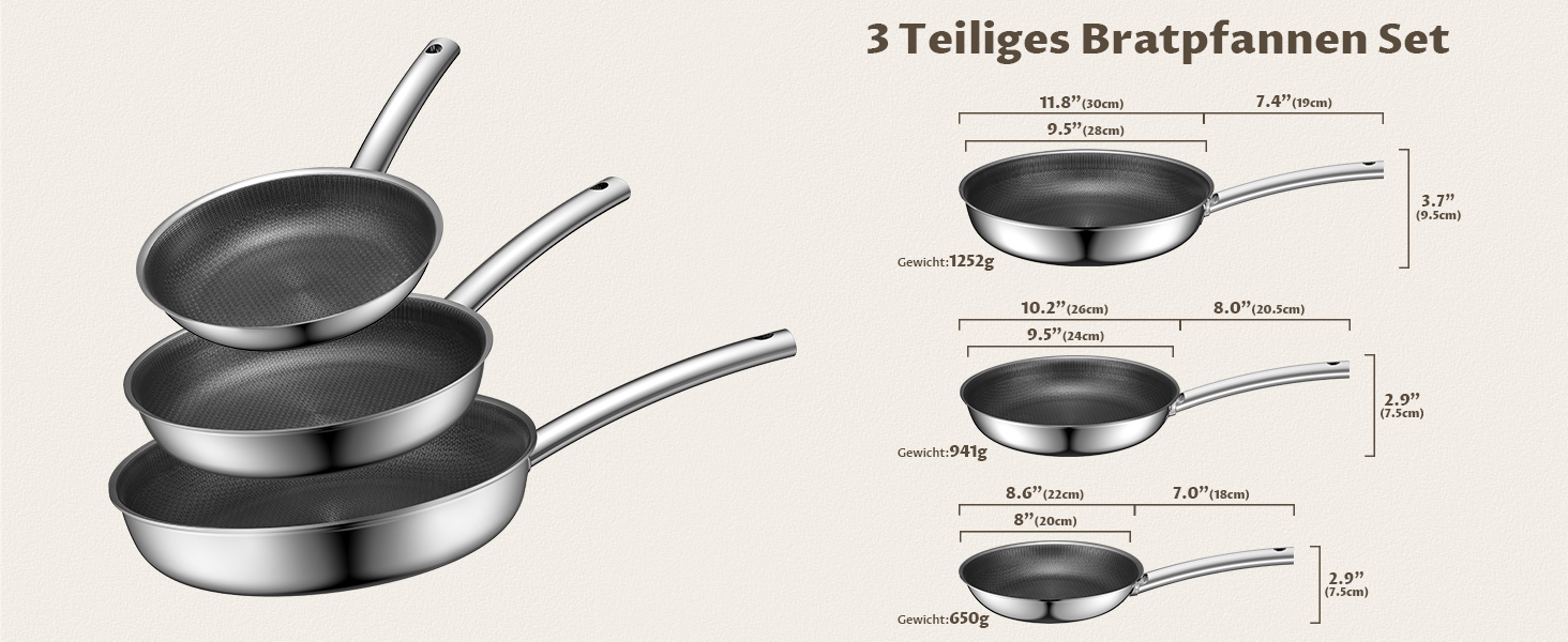 Сковорода BLAZANT індукційна 20/24/28 см, тришарова нержавіюча сталь, антипригарне покриття, набір, керамічна, з нержавіючою ручкою, без PFAS PFOA/PTFE, для духовки, підходить для індукційних плит