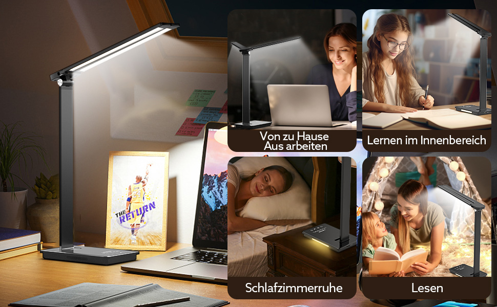 LED лампа настільна LENDOO з двома головками, регульована яскравість 700 люмен, 5 рівнів регулювання, 5 колірних режимів, USB-порт для зарядки та вбудований акумулятор 2000mAh, для дітей, спальні, читання, чорна