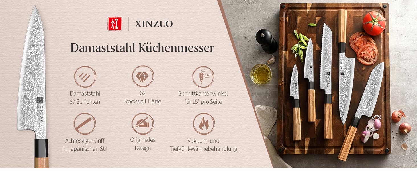 Японський ніж XINZUO Damaststahl Kiritsuke 21.5 см з нержавіючої сталі Дамаск, ніж шеф-кухаря Gyuto з ручкою з оливкового дерева та чорного рогу буйвола, з піхвою (набір з 5 ножів)