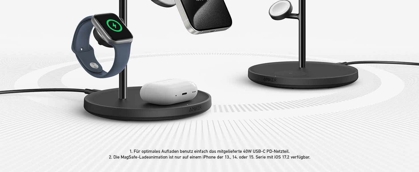 Anker MagGo 3-в-1 Бездротова Зарядка, 15W, MagSafe, Qi2, для iPhone 16/15/14/13, AirPods Pro, Apple Watch Ultra (з USB-C блоком живлення та кабелем), Чорний