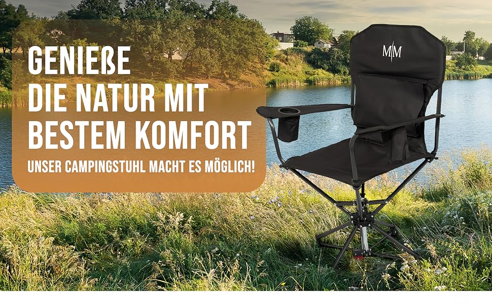 Складний туристичний стілець McMAISE® чорного кольору, до 150 кг, з кишенею для подушки/термосу, поворотний на 360°
