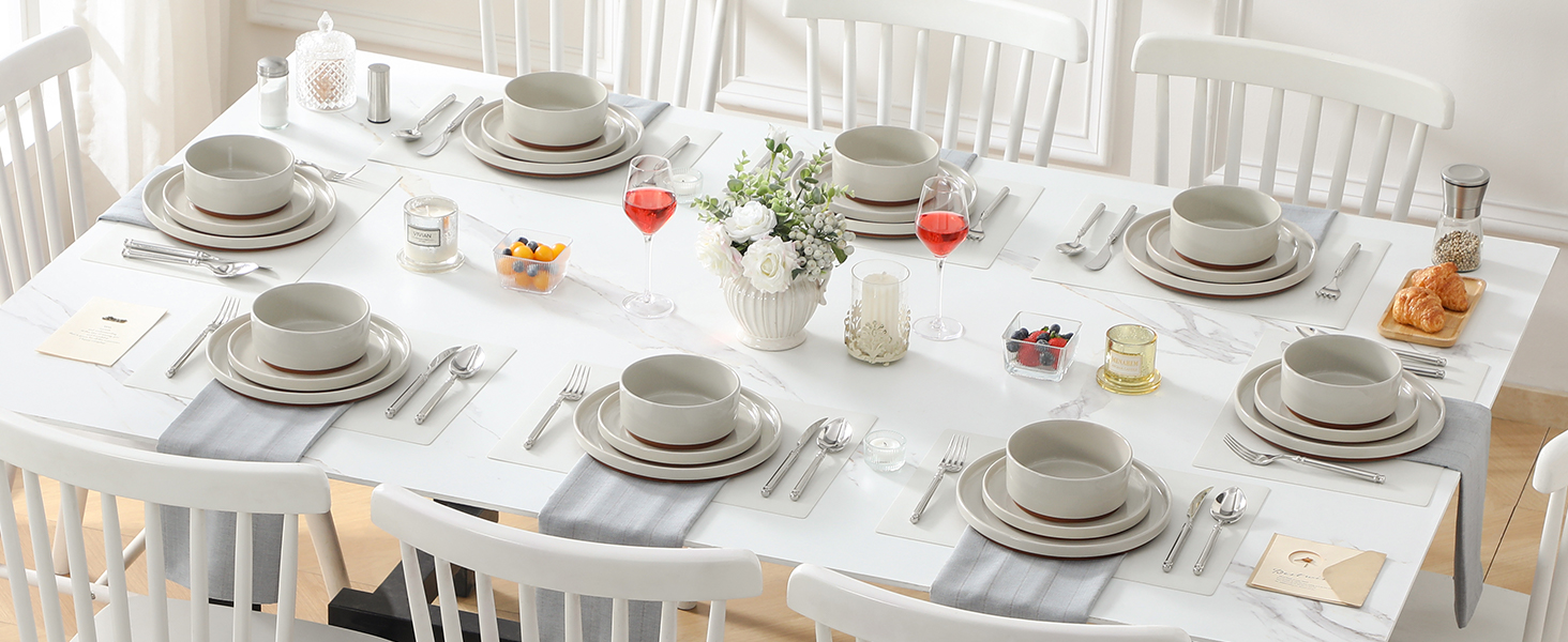 MALACASA Набір посуду з каменю 6 осіб, 18 предметів: тарілки, миски, керамічний сервіз з глазур'ю 