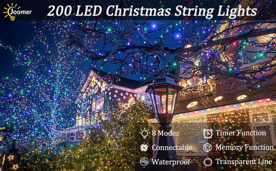 Ланцюжок прикрас Joomer 200 LED, 20м, на батарейках з таймером, 8 режимів, вологостійкий, для декору саду, вечірки, весілля, теплий білий колір, кабель прозорий