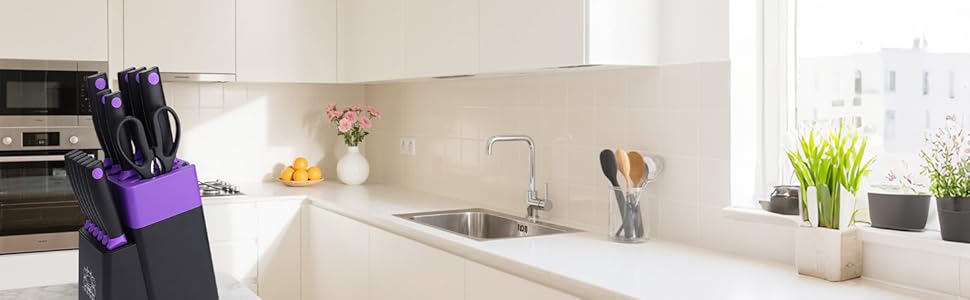 Набір кухонних ножів FIVE COWS з 14 предметів: професійний набір ножів для дому з самозаточуванням, включає ніж для стейка та ножиці, покриття захищає від окислення (фіолетовий)