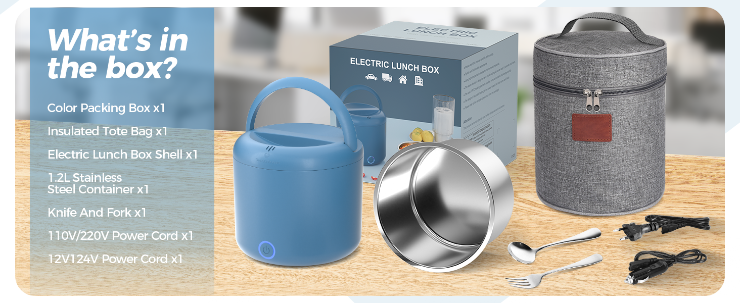 Електрична ланчбокс 80W для дорослих з термоізоляцією, нержавіюча сталь, набір виделки та ложки, 2 контейнери по 1.5л, 3-в-1, 12/24/110~230V, витокозахисний, для авто, вантажівки, офісу (блакитний 1.2л, євро-штекер)