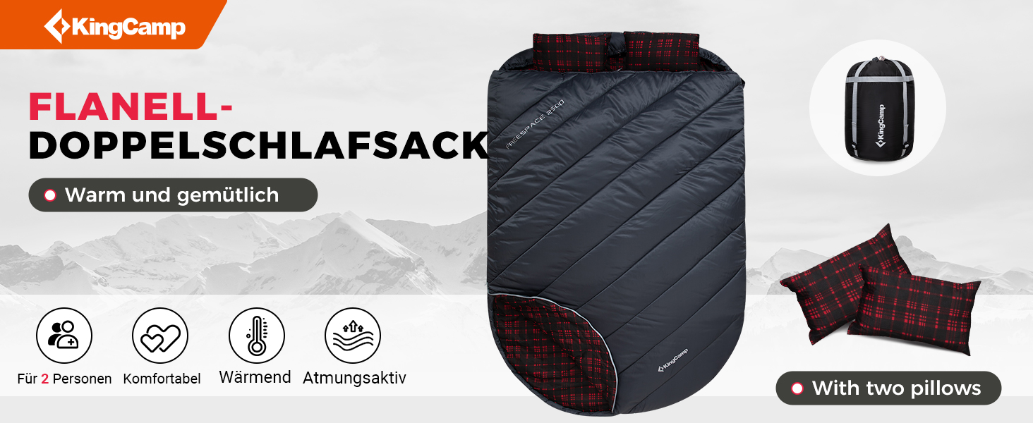 KingCamp 2-Person Sleeping Bag - Winter Warm Outdoor Sleeping Bag for Camping & Travel - 3-4 Season, Lightweight, with Flannel Pillows