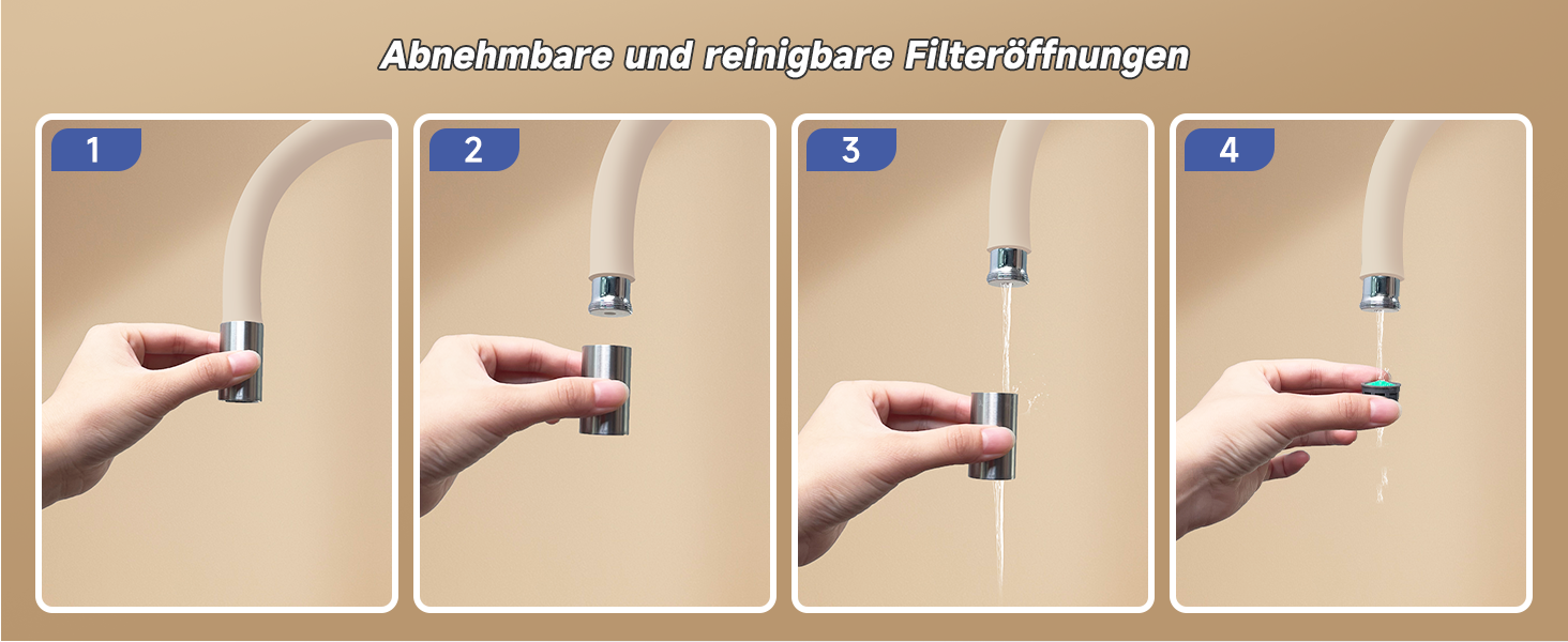 Кран кухонний з гнучким шлангом 360°, високий тиск, поворотний, нержавіюча сталь, бежевий