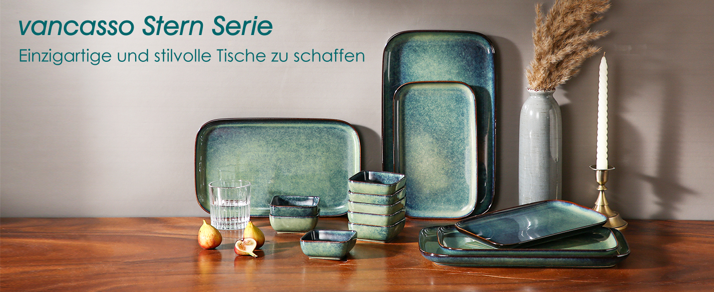 Набір тарілок Vancasso Stern (3 шт.) з кераміки: тарілки для їжі, десерту, випічки та сніданку, зелені