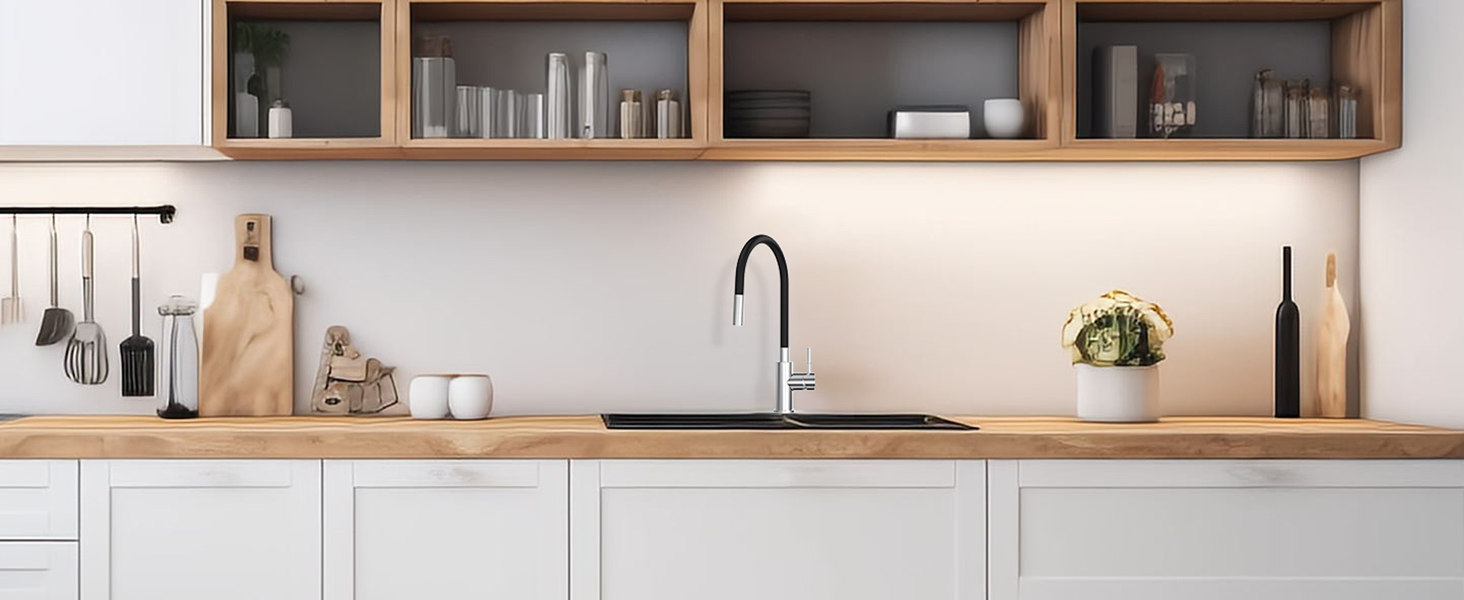 Чорний кухонний змішувач з гнучким виливом, 360° обертання, 2 режими струменя, нержавіюча сталь