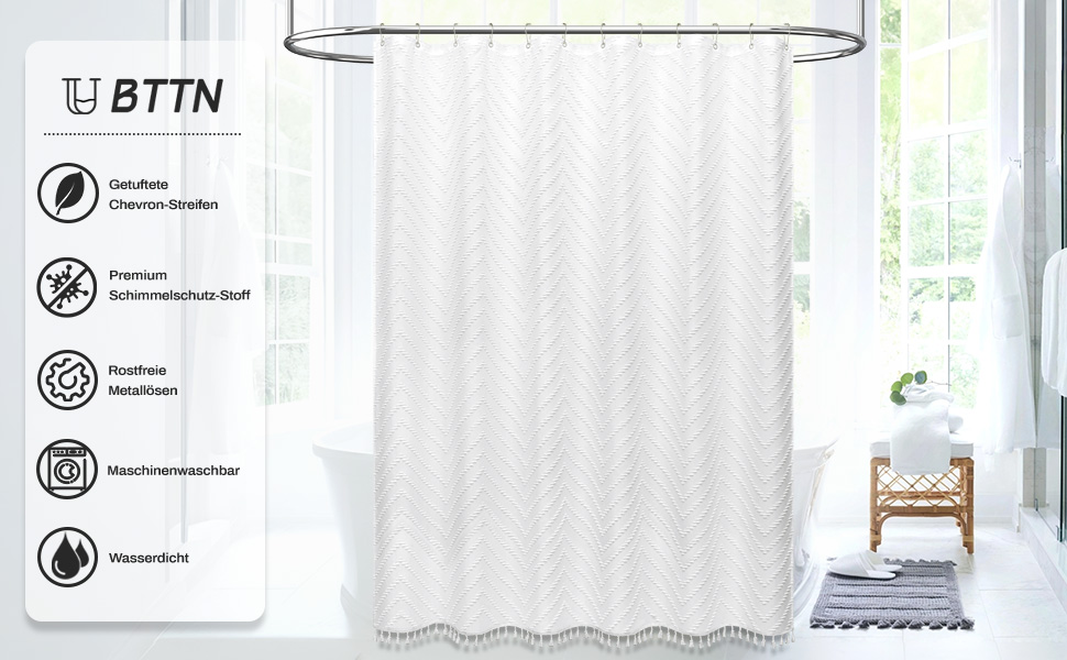 Штора для душу BTTN 180x200 см, бохо-стиль, бежева з пензликами, водонепроникна, з 12 гачками