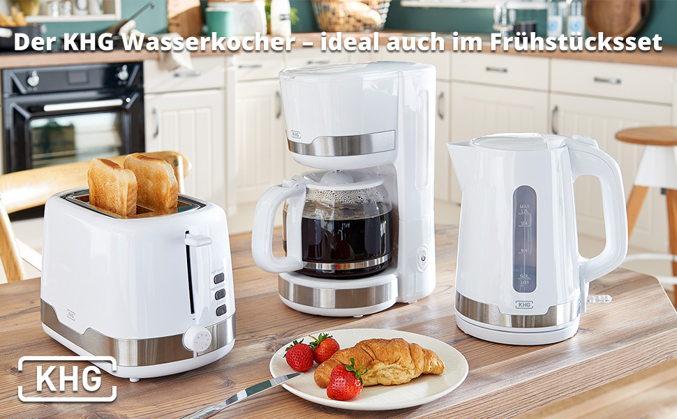 Електричний чайник KHG WK-1708 WE2 білий з нержавіючої сталі, 1.7 л, знімний фільтр від накипу, індикатор рівня води, захист від сухого кипіння та автовимкнення, прихований нагрівальний елемент, BPA Free, 2200 Вт