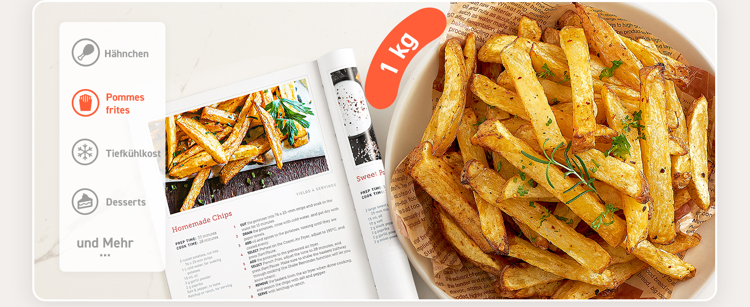 Фритюрниця без олії COSORI CP158-AF, Біла, 11 функцій, Економія енергії 55%, 100 рецептів, Shake Reminder, Лауреат Stiftung Warentest 2024