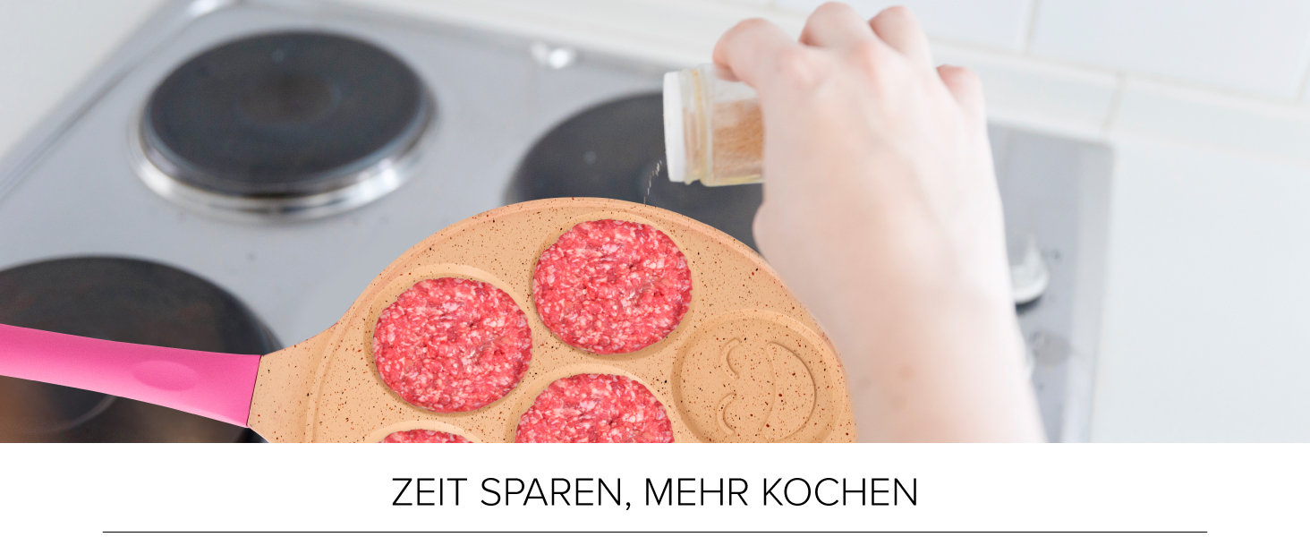 Млинцева пательня Joeji's Kitchen з 7 виїмками для млинців та яєць зі смайликами, антипригарна, алюмінієва, 26,5 см, для індукції, рожева, для дітей