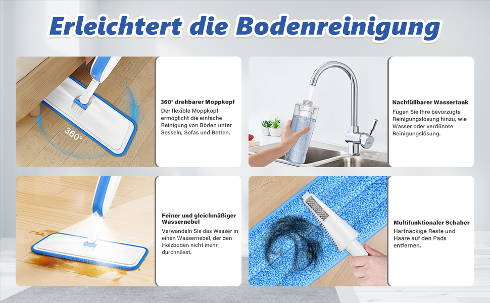 Швабра з розпилювачем MANGOTIME: швабра з розпилювачем, моп, швабра для підлоги з баком для води та 3 насадки для миття більшості поверхонь (біла)