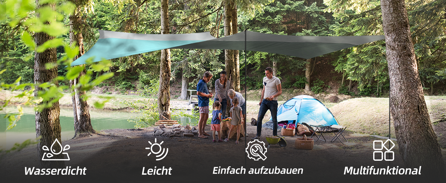 Тент Forceatt Zeltplane 3.7x4.3 м: ультралегкий, водонепроникний, з 6 кріпильними точками. Підходить для кемпінгу, піших прогулянок та відпочинку на природі. Колір: темно-синій & сірий.