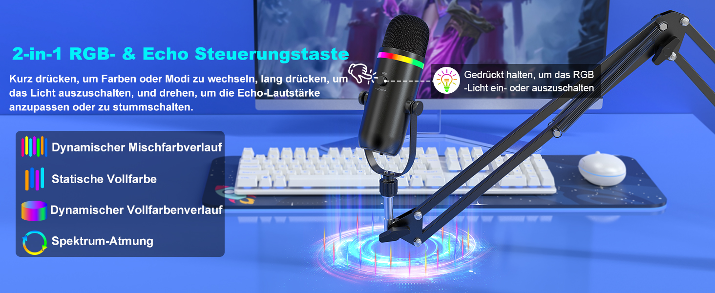 Zealsound Podcast Мікрофон з тримачем - RGB, шумозаглушення, конденсаторний мікрофон для ПК, телефону, TikTok, YouTube (сумісний з iPhone, Mac, Windows)