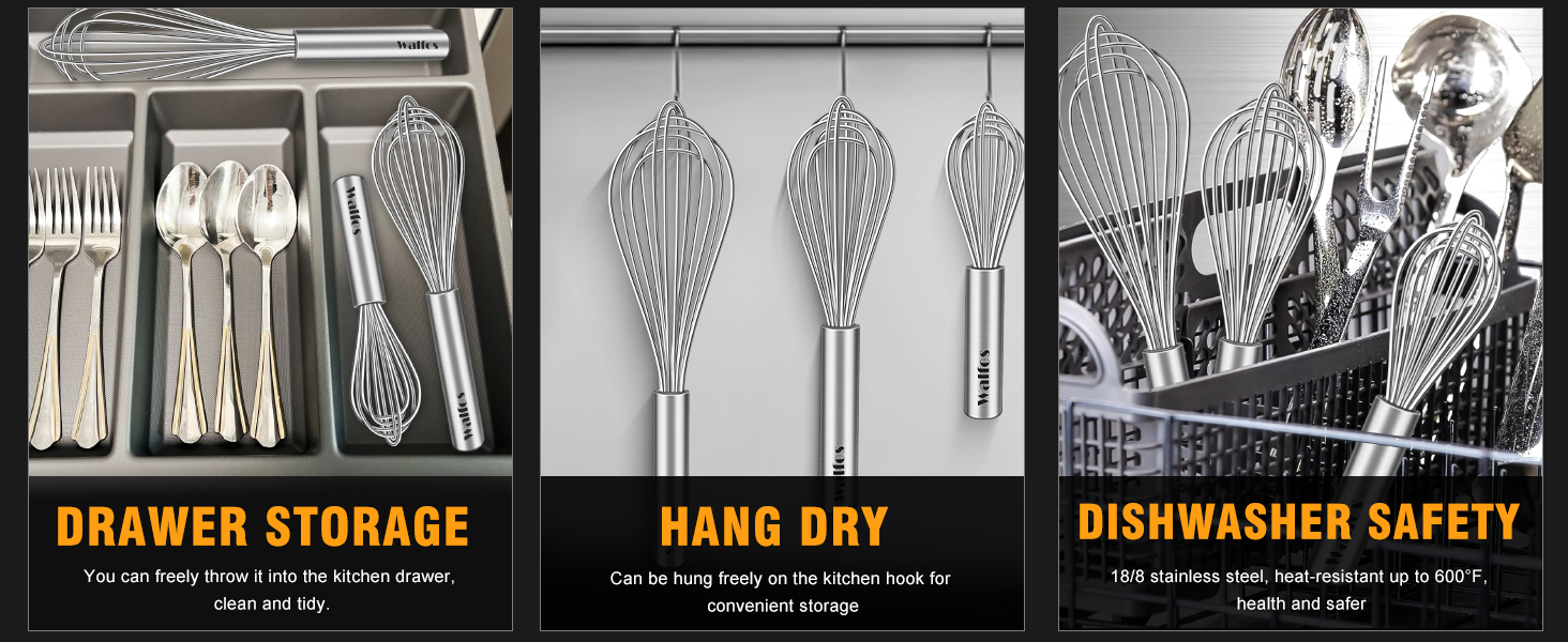 Набір вінчиків Walfos® з нержавіючої сталі (3 шт.) - 18см, 23см, 28см. Стійкі до високих температур, ідеальні для салатів та збивання яєць.