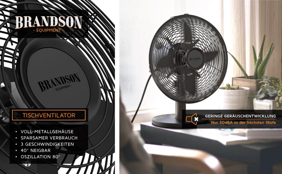 Настільний вентилятор Brandson з мідним дизайном: 3 швидкості, осциляція 80°, кут нахилу 40°, міцний металевий корпус (чорний матовий)