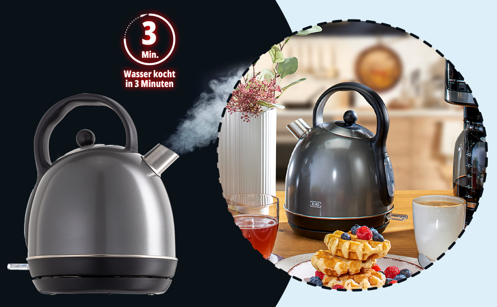 Електричний чайник KHG WK-1711 Retro, зелений, 1.7 л, нержавіюча сталь, з фільтром від накипу, індикатором рівня води, захистом від сухого кипіння та автоматичним вимкненням, прихований нагрівальний елемент, BPA-free, 2200 Вт