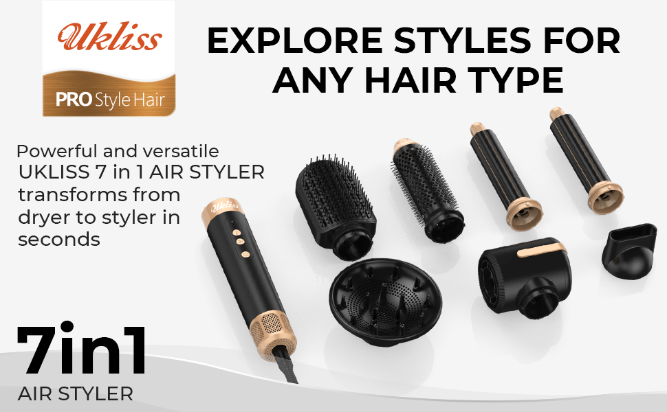 UKLISS Airstyler Multistyler 7 в 1: фен-щітка, локон, випрямляч, турбіна, 1400W, турбіна, 3 режими температури, 30 мм, турбіс
