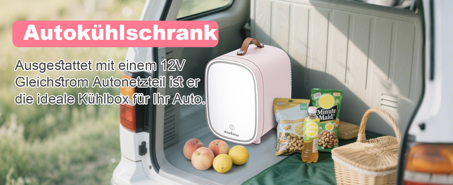 Mini-холодильник Enventor 4L (6 банок) з LED-дзеркалом, охолодження/нагрівання, рожевий