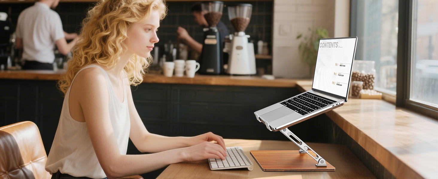 Регульований підставка для ноутбука: алюміній та дерево, складна, сумісна з MacBook, HP (10-16 дюймів)