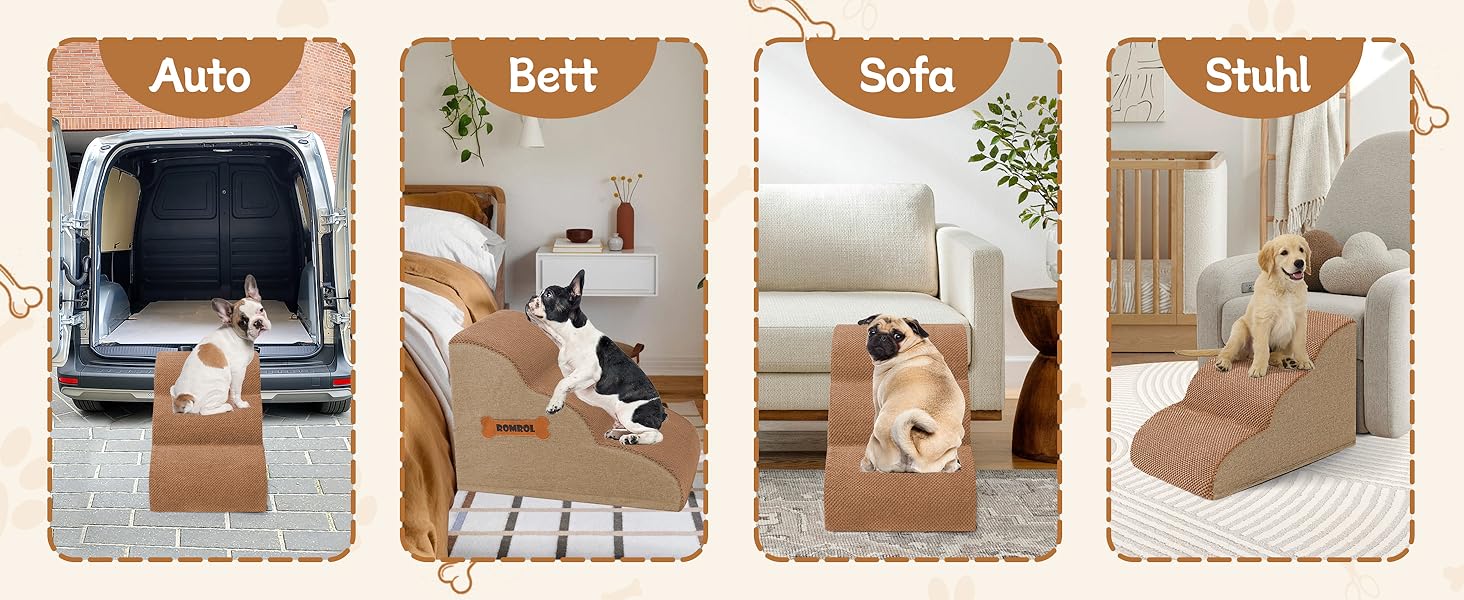 Сходинки для собак та котів ROMROL – 4 сходинки, коричневі, з неслизьким покриттям, з Memory Foam, для захисту суглобів