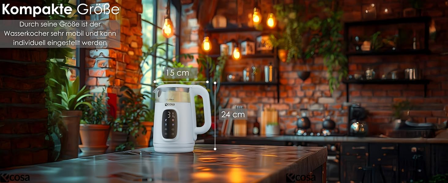 Електричний чайник Ecosa® зі скляною колбою та нержавіючою сталлю, 1.7 л, 2200 Вт, регулювання температури 40-100°C, функція підігріву, LED-підсвічування, без BPA (Woldo White)