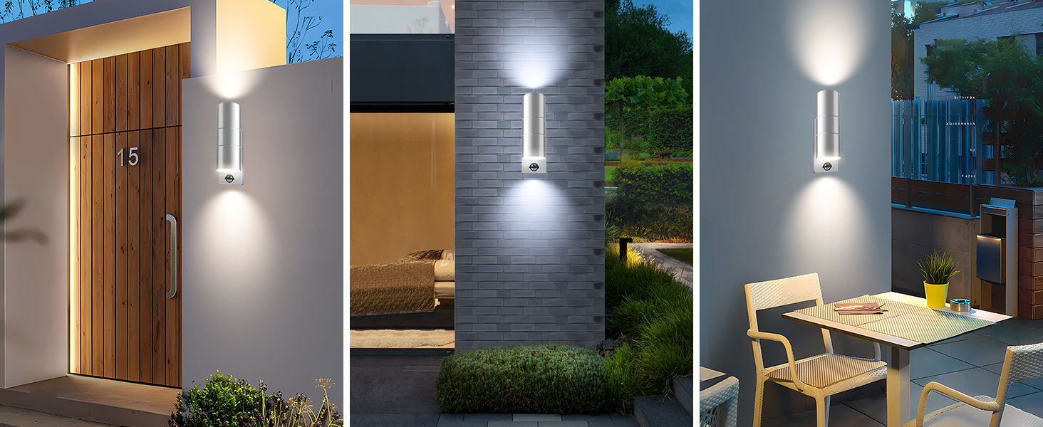 ALUSSO Вологостійкий вуличний світильник з датчиком руху, 2x8W LED, IP65, нержавіюча сталь, 3 колірні температури
