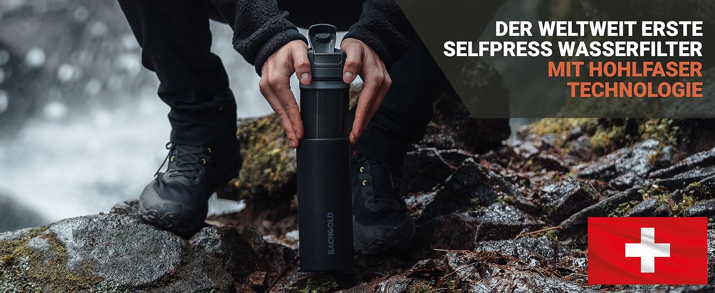 Пляшка-фільтр для води Bachgold Profi Outdoor, 1500 л, видаляє 99,99% бактерій, фільтрує віруси, частки й важкі метали, чорна