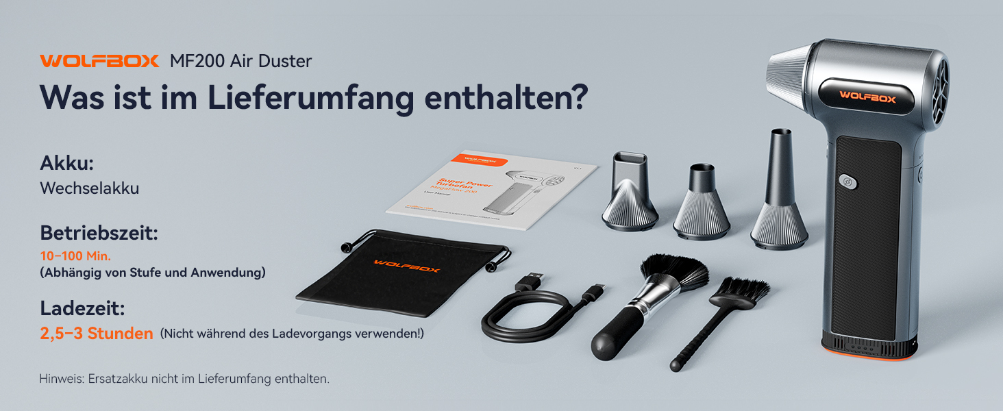 Електричний бездротовий пилосос-піскодув WOLFBOX MF200, 3-ступеневий, 4 насадки для ПК, авто, дому та вулиці