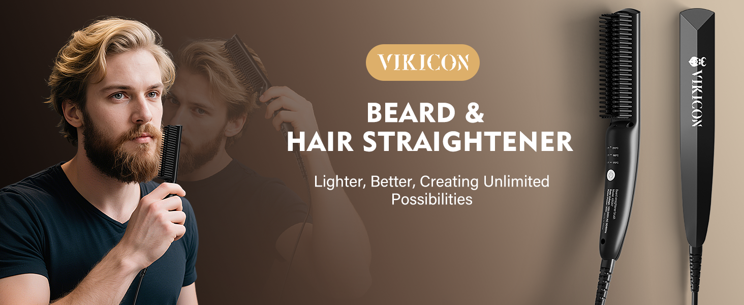 VIKICON Випрямляч для бороди чоловічий, мініатюрний електричний, швидкий нагрів, щітка-гребінець, іонний випрямляч для догляду за коротким та довгим волоссям, чорний