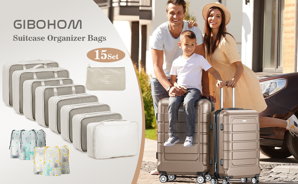 Набір органайзерів для валіз GIBOHOM, 15 шт. Packing Cubes, водонепроникні сумки для одягу для подорожей, Travel Organizer, бежевий