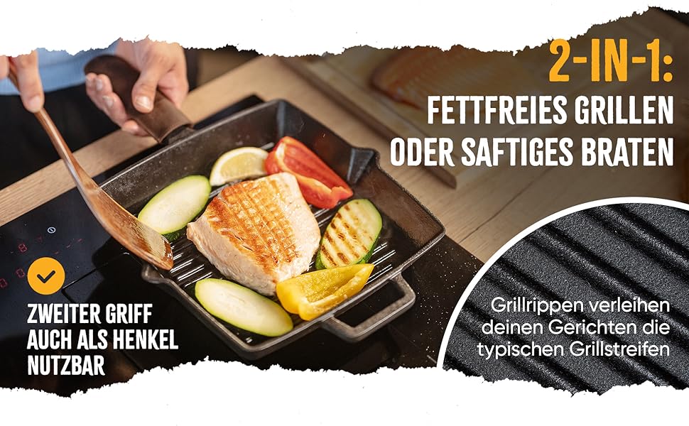 Чавунна гриль-сковорода емальована 26 см, з рифленим дном для стейків, підходить для всіх плит