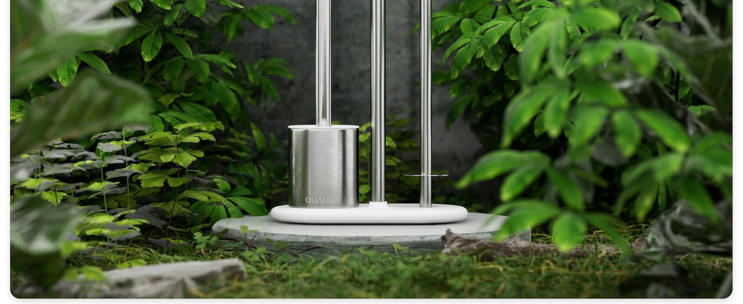 QUALISH Stainless Steel Toilet Paper Holder with Brush - Standing Toilet Paper Roll Holder & WC Kit - White