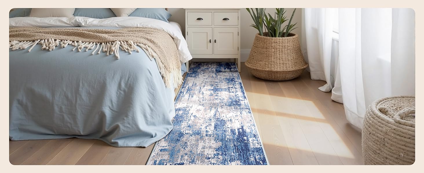 Килимок-доріжка 60 x 180 см, неслизький, з коротким ворсом, для кухні, миється, складається, абстрактний дизайн, синьо-чорний колір, підходить для входу, кухні, вітальні та офісу