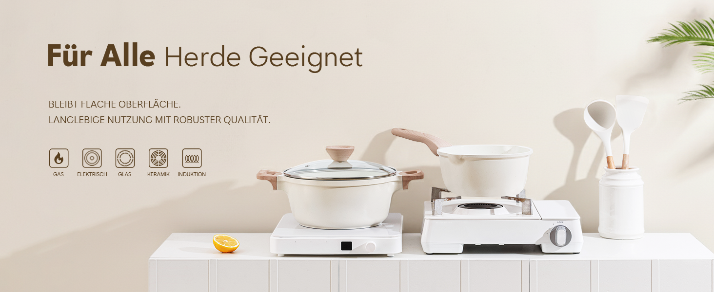 Набір посуду Kordisen з антипригарним покриттям, 5 предметів: каструлі та сковороди, кераміка, білий. Підходить для індукційних плит, без PFOA та PFAS