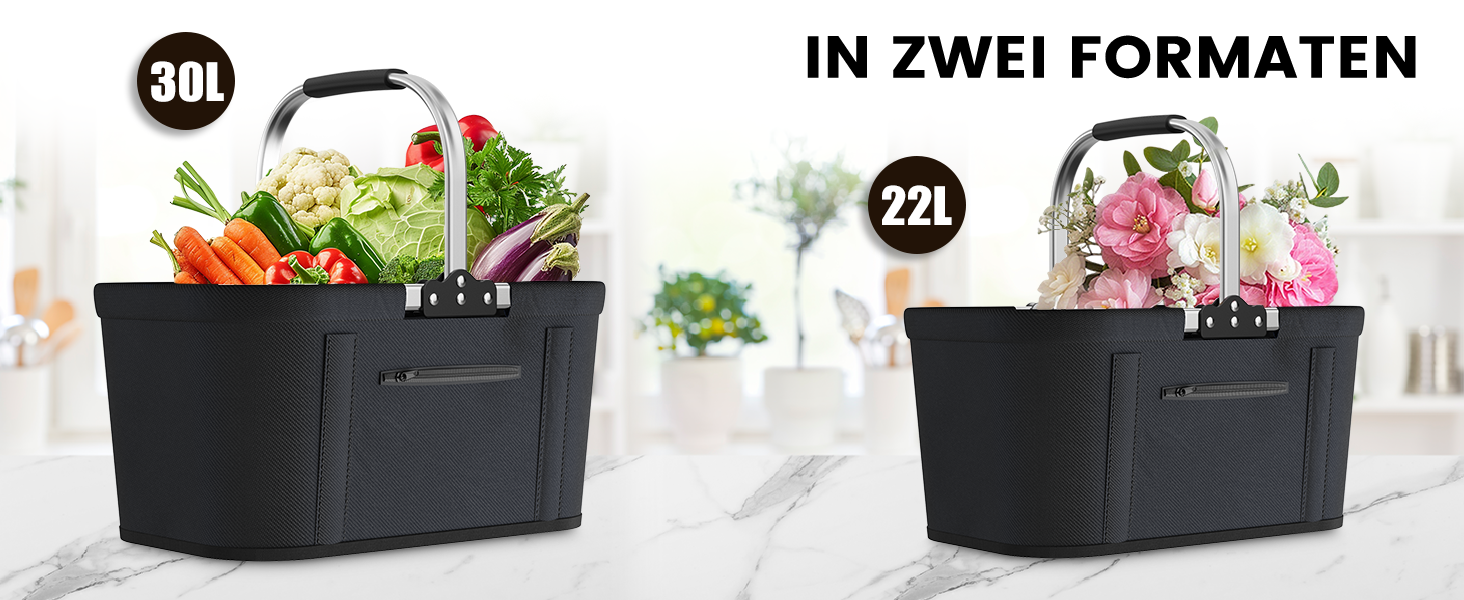 Складаний кошик для покупок 30L з 4 стійками | Міцний кошик для перенесення та пікнік | Великий кошик для сім'ї (46x27x25cm) | З м'якими ручками | Для покупок, подорожей, кемпінгу (Чорний)