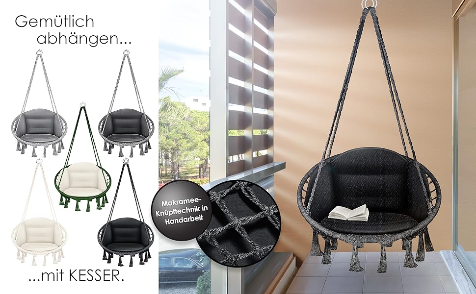 Підвісне крісло-гойдалка KESSER 150 кг, сталеві кільця, подушка, плетене, з бахромою, для саду та дому, водостійке, з великими чорними подушками
