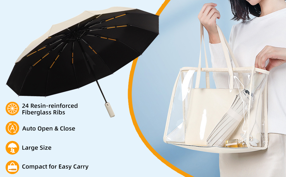 Складаний туристичний парасолька, вітростійка, автоматичне відкриття/закриття, 24 посилені ребра з фібергласу, захист від УФ-променів, легка та портативна, для дощу та сонячної погоди, білий колір