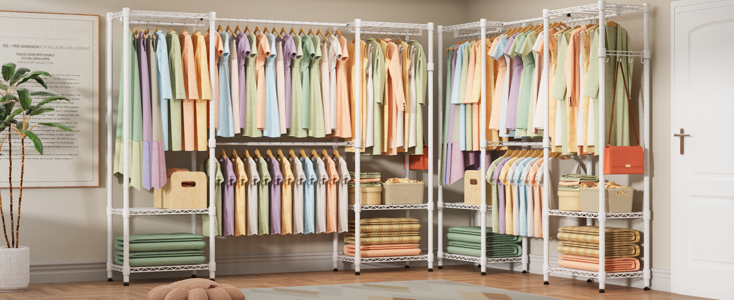 Тeleskopна штанга Himimi для одягу з 4 перекладинами та 6 регульованими полицями, 1 гачок, телескопічна система полиць B (175-230) x H180 см, адаптована для різних приміщень (білий)